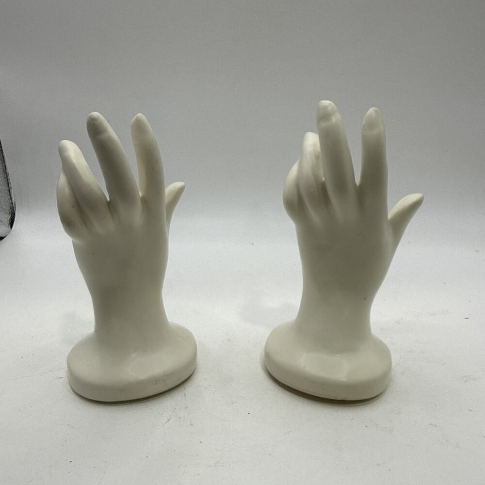 Vintage Pair Porcelain Hand Flower Frogs Bud Vases Floral Holders 5” *
